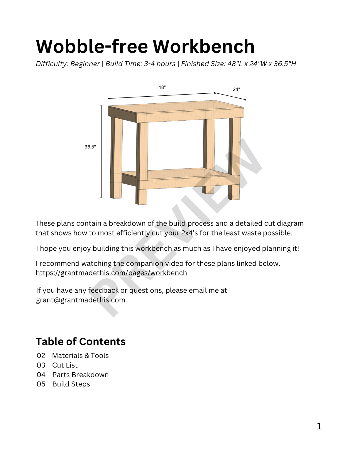 Workbench Woodworking Plans – Digital PDF | 48" x 24" x 36.5" Shop Workbench